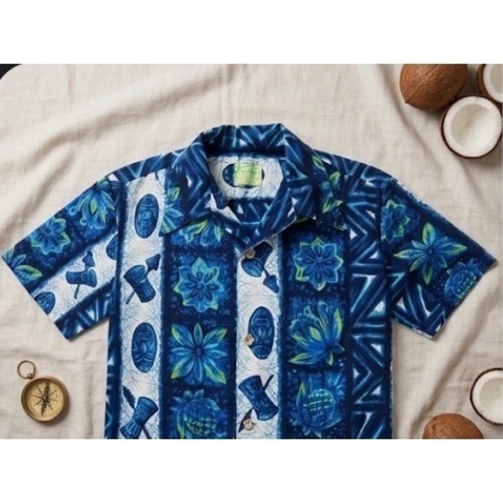 Vtg 60s Ui-Maikai Hawaiian Shirt Tiki‎ Mask Pineapple Blue Cotton Made in Hawaii
